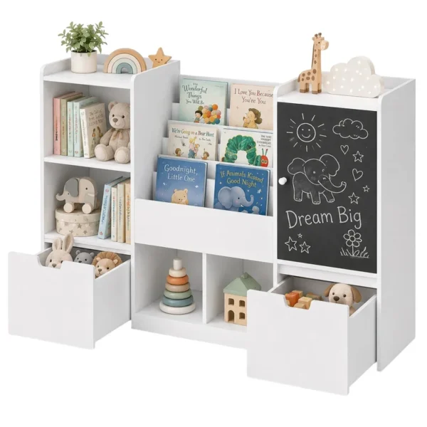 detski-organayzer-za-igrachki-ginger-home-s-cherna-daska-AT-BTS-2528-1 Детски Органайзер за Играчки с Черна Дъска, 2 Чекмеджета и 6 Отделения, Масивно Дърво и MDF, 140x51x80 см